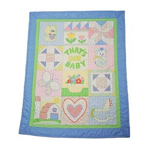Baby Bed Comforter Blanket  "Thats Our Baby" Patchwork Butterfly Bear Heart Vtg